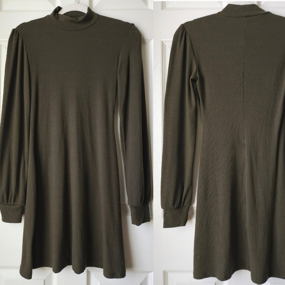 LIKE NEW Forever 21 Forest Green Long Seeve Mock Neck Flare Dress